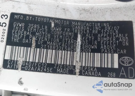 2008 Toyota Corolla S из США, поврежденный, VIN 2T1BR32E58C886309